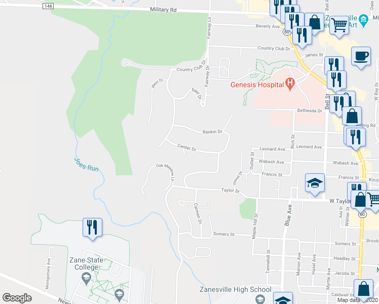 map of restaurants, bars, coffee shops, grocery stores, and more near 2512 Circle Drive in Zanesville