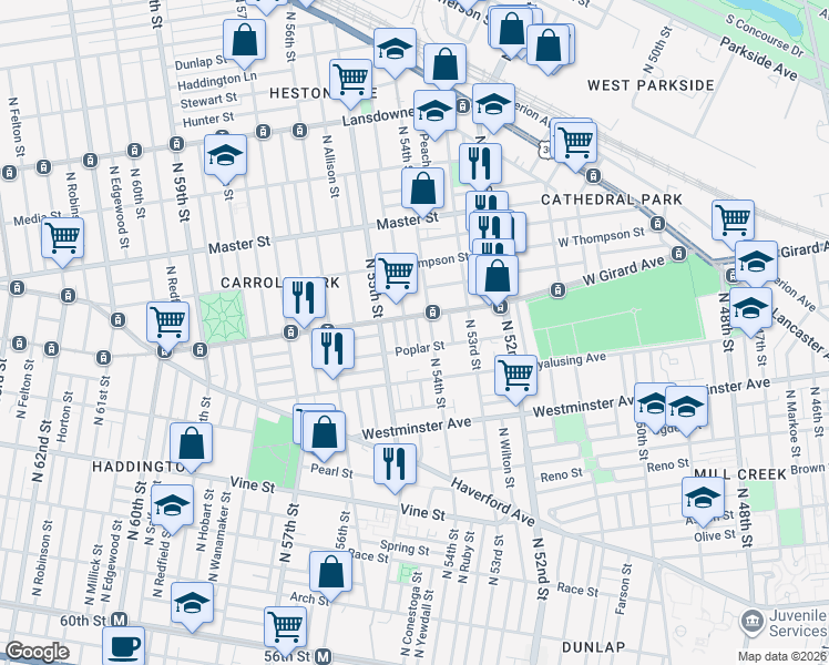 map of restaurants, bars, coffee shops, grocery stores, and more near 657 North Conestoga Street in Philadelphia