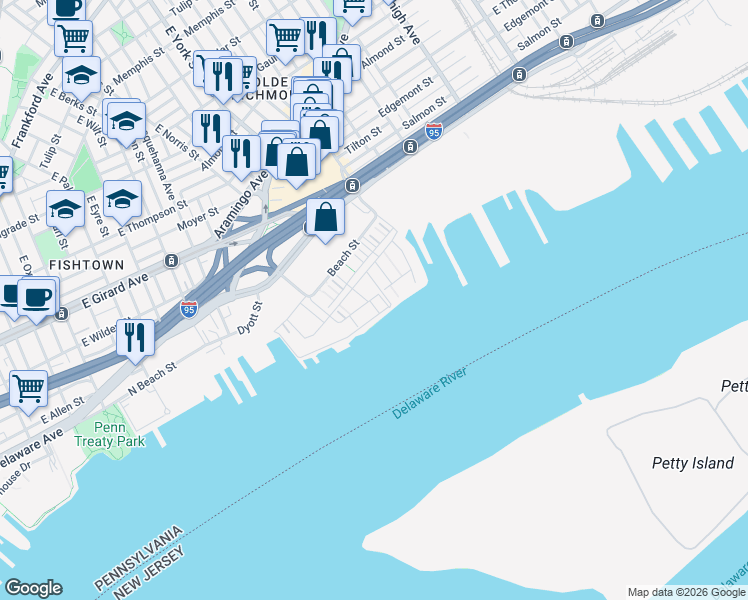 map of restaurants, bars, coffee shops, grocery stores, and more near 2015 Richmond St in Philadelphia