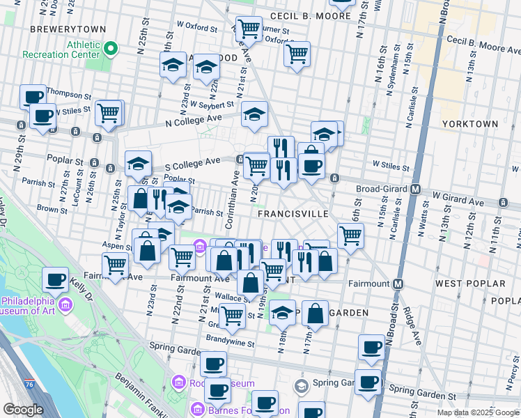 map of restaurants, bars, coffee shops, grocery stores, and more near 851 North Opal Street in Philadelphia