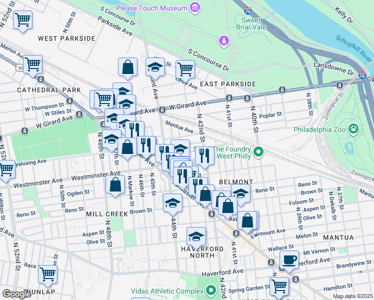 map of restaurants, bars, coffee shops, grocery stores, and more near 4251 Pennsgrove Street in Philadelphia