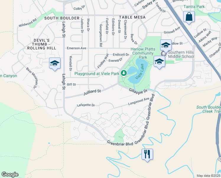 map of restaurants, bars, coffee shops, grocery stores, and more near 2930 Juilliard Street in Boulder