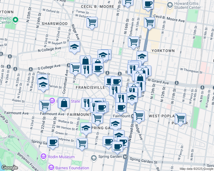 map of restaurants, bars, coffee shops, grocery stores, and more near 1700 Ridge Avenue in Philadelphia