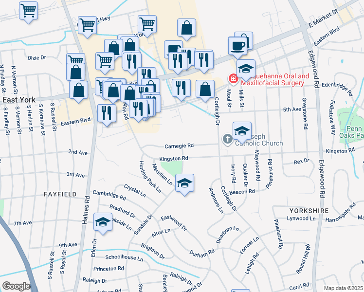 map of restaurants, bars, coffee shops, grocery stores, and more near 301 Sundale Drive in East York