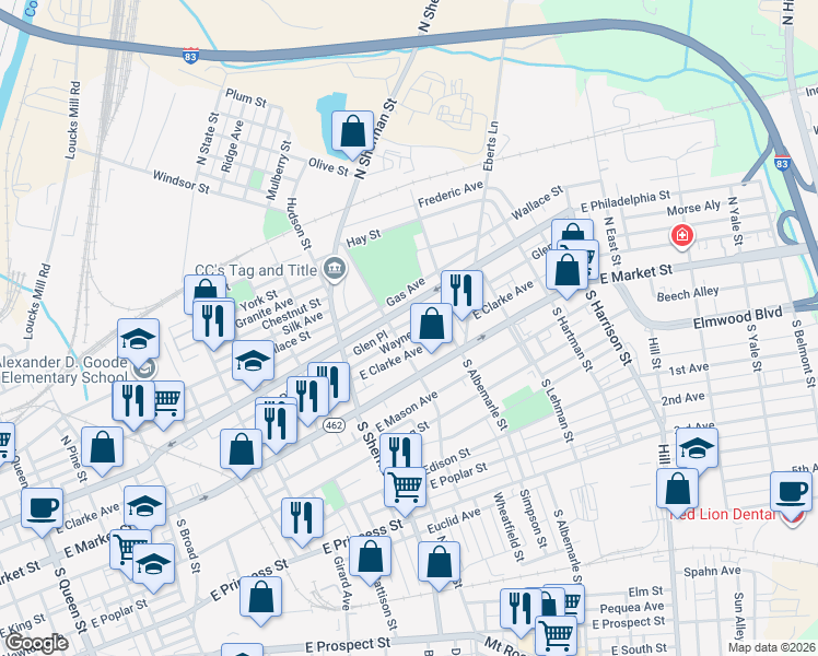 map of restaurants, bars, coffee shops, grocery stores, and more near 915 Wayne Avenue in York