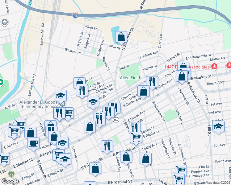 map of restaurants, bars, coffee shops, grocery stores, and more near 758 Wallace Street in York
