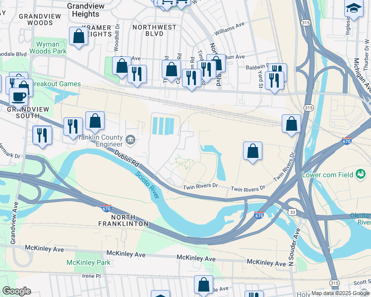 map of restaurants, bars, coffee shops, grocery stores, and more near in Columbus