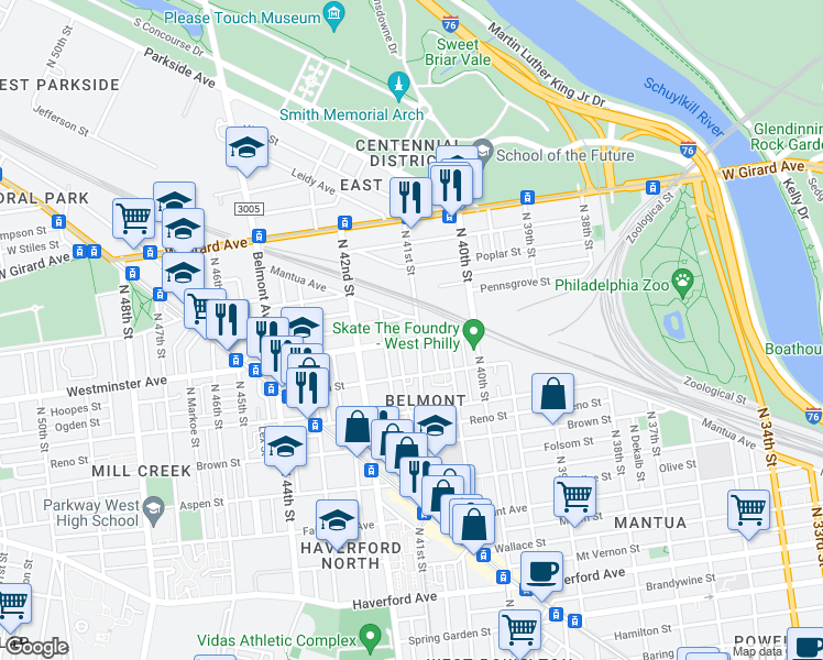 map of restaurants, bars, coffee shops, grocery stores, and more near 908 North 41st Street in Philadelphia