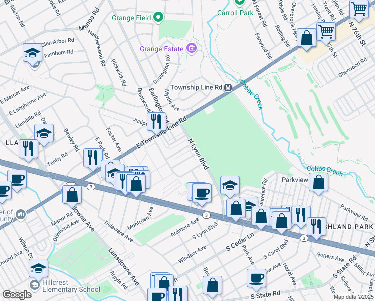 map of restaurants, bars, coffee shops, grocery stores, and more near 263 North Linden Avenue in Delaware County