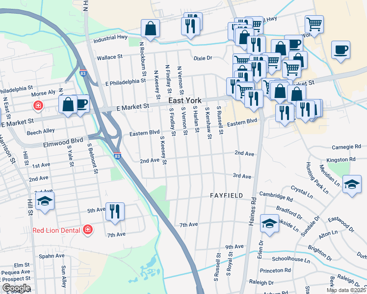 map of restaurants, bars, coffee shops, grocery stores, and more near 160 South Vernon Street in York