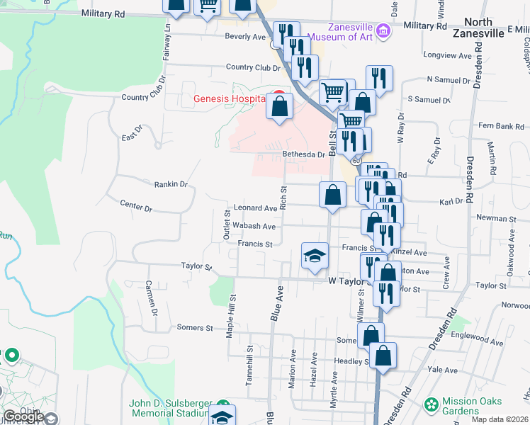 map of restaurants, bars, coffee shops, grocery stores, and more near 950 Leonard Avenue in Zanesville