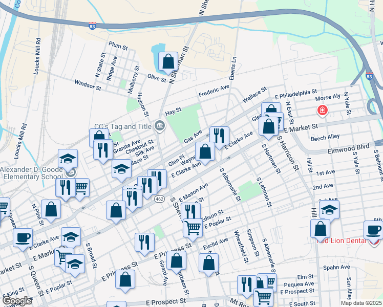map of restaurants, bars, coffee shops, grocery stores, and more near 59 North Tremont Street in York