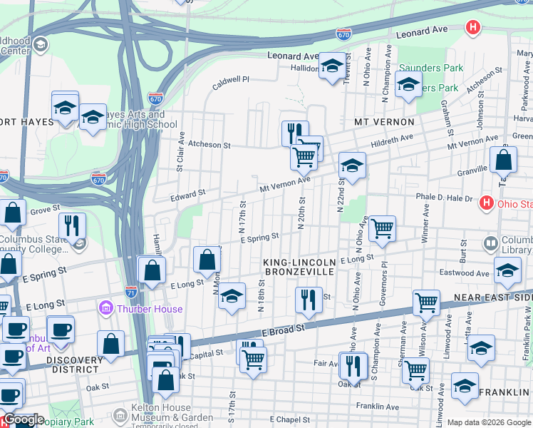 map of restaurants, bars, coffee shops, grocery stores, and more near 258 North 18th Street in Columbus