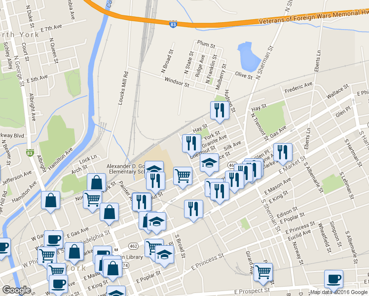 map of restaurants, bars, coffee shops, grocery stores, and more near 519 York Street in York
