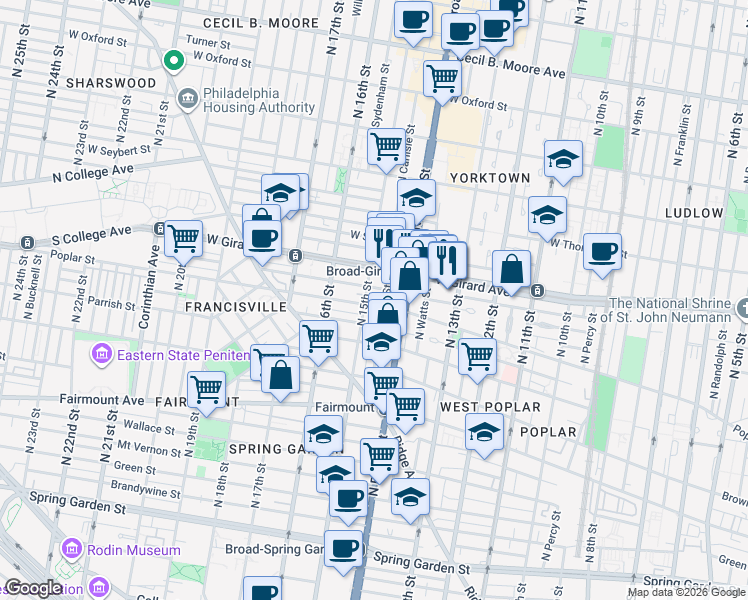 map of restaurants, bars, coffee shops, grocery stores, and more near 1419 Poplar Street in Philadelphia