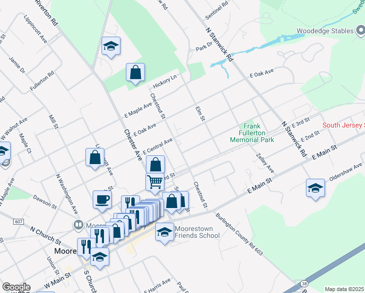 map of restaurants, bars, coffee shops, grocery stores, and more near 327 Chestnut Street in Moorestown
