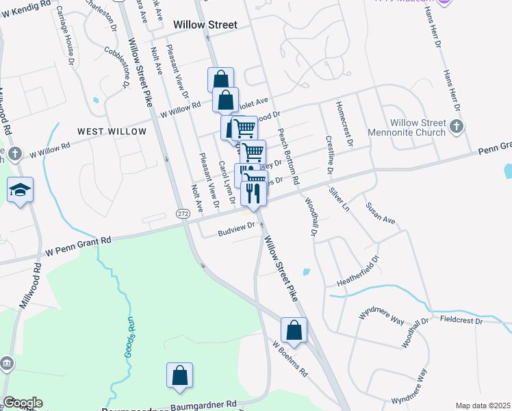 map of restaurants, bars, coffee shops, grocery stores, and more near 100 W Penn Grant Rd in Willow Street