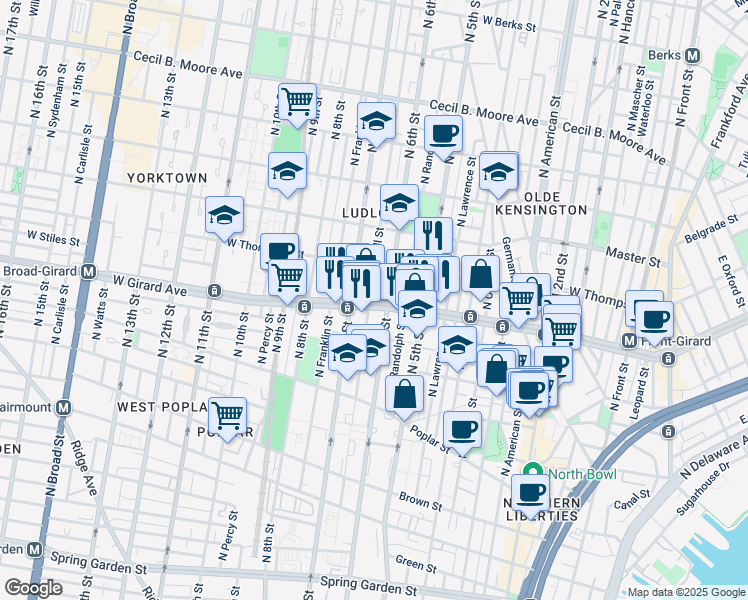 map of restaurants, bars, coffee shops, grocery stores, and more near 1217 North Marshall Street in Philadelphia