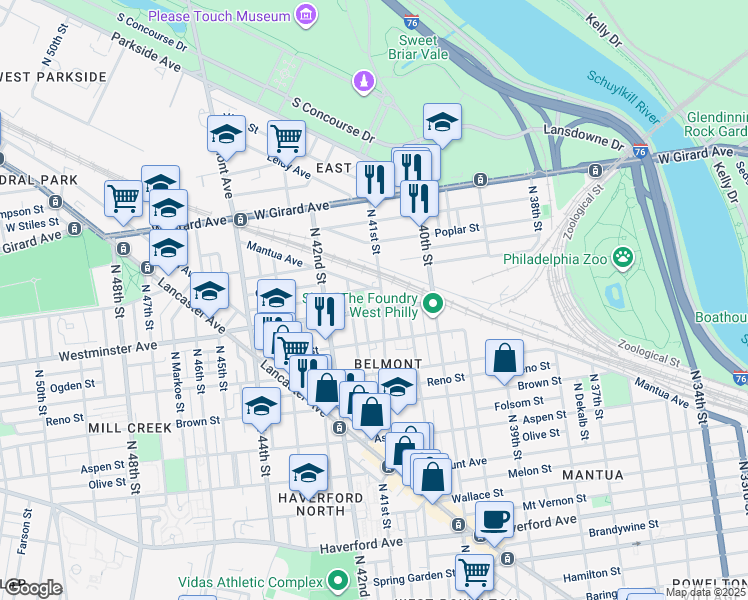 map of restaurants, bars, coffee shops, grocery stores, and more near 908 North 41st Street in Philadelphia