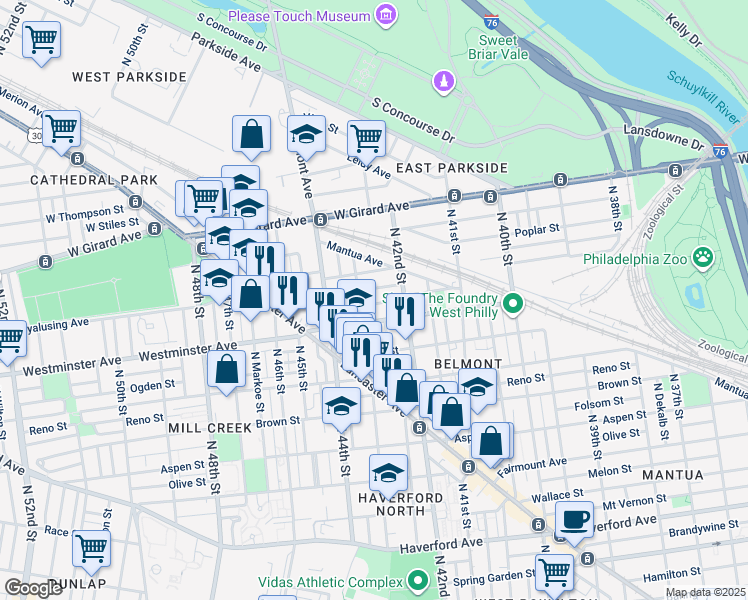 map of restaurants, bars, coffee shops, grocery stores, and more near 4245 Pennsgrove Street in Philadelphia