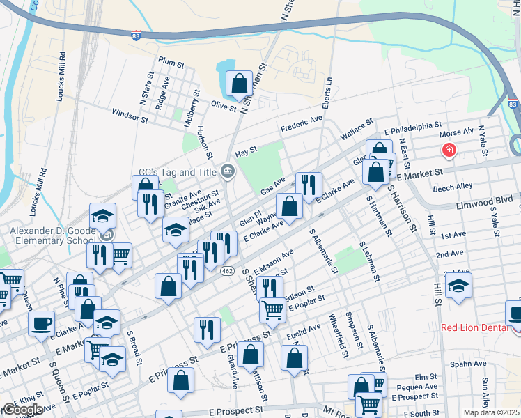 map of restaurants, bars, coffee shops, grocery stores, and more near 70 North Tremont Street in York