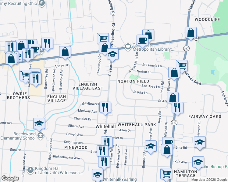 map of restaurants, bars, coffee shops, grocery stores, and more near 217 Saint Christopher Lane in Columbus