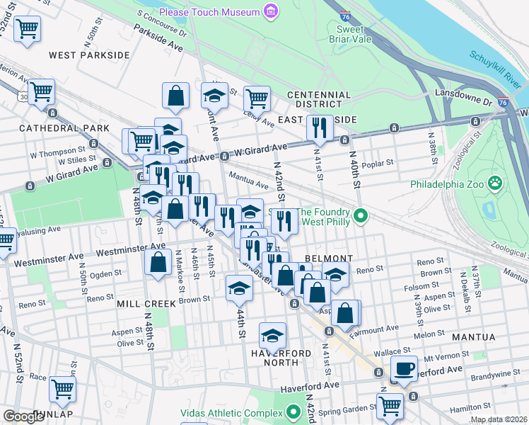 map of restaurants, bars, coffee shops, grocery stores, and more near 921 North 43rd Street in Philadelphia