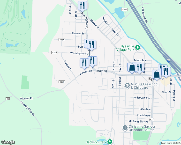map of restaurants, bars, coffee shops, grocery stores, and more near 10270 Pioneer Road in Byesville