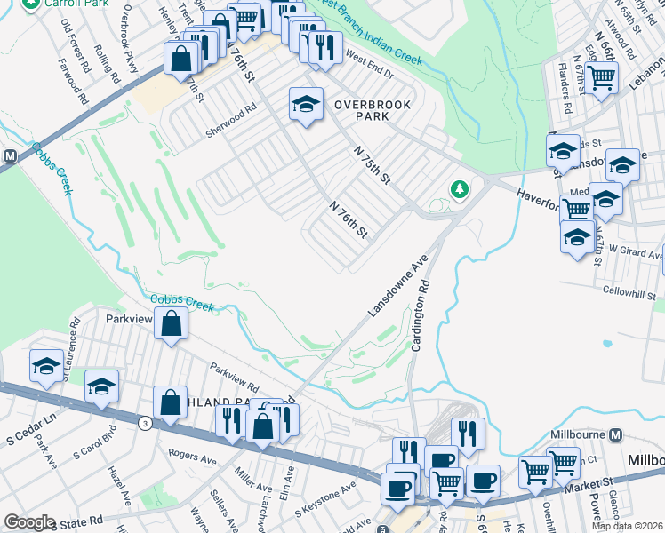 map of restaurants, bars, coffee shops, grocery stores, and more near 1300 Farrington Road in Philadelphia