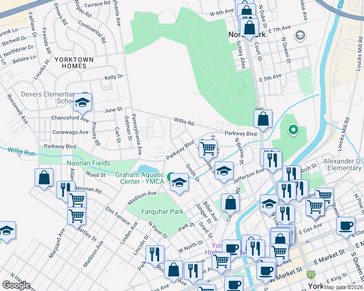 map of restaurants, bars, coffee shops, grocery stores, and more near 221 Parkway Boulevard in York