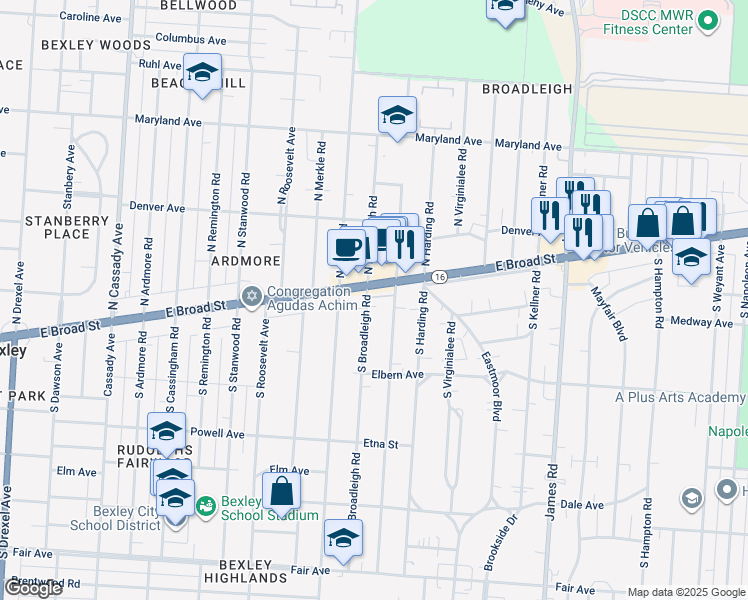 map of restaurants, bars, coffee shops, grocery stores, and more near 2971 Bernard View Lane in Columbus