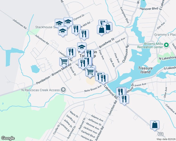 map of restaurants, bars, coffee shops, grocery stores, and more near 16 Juliustown Road in Burlington County