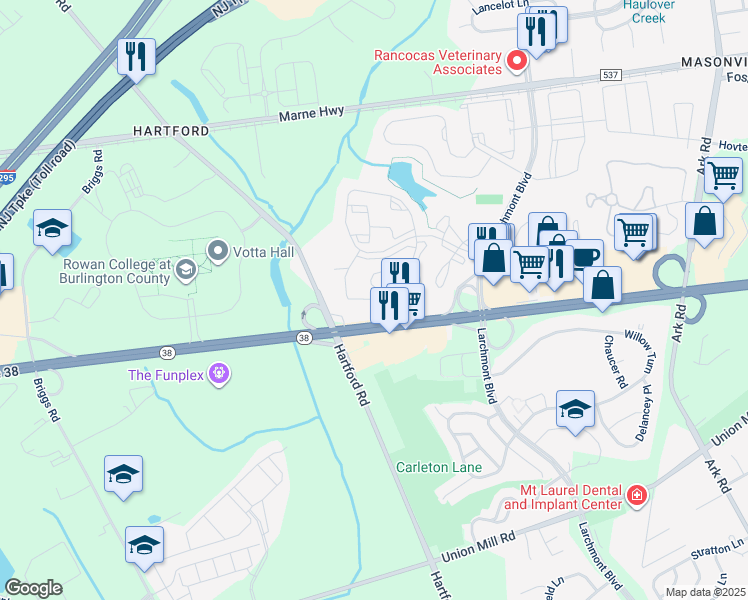 map of restaurants, bars, coffee shops, grocery stores, and more near 4601A Aberdeen Drive in Mount Laurel Township