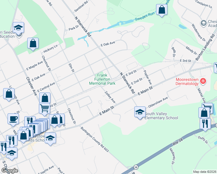 map of restaurants, bars, coffee shops, grocery stores, and more near 308 East 3rd Street in Moorestown