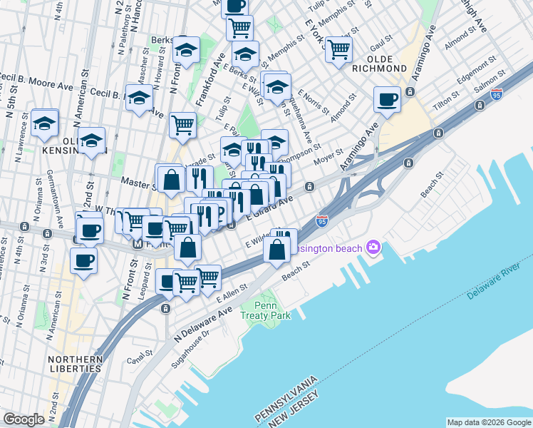 map of restaurants, bars, coffee shops, grocery stores, and more near in Philadelphia