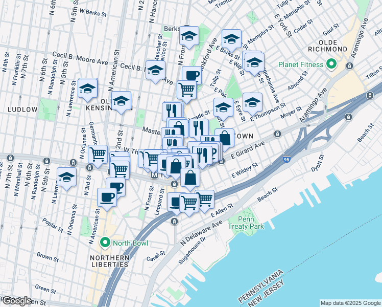 map of restaurants, bars, coffee shops, grocery stores, and more near 1242 Crease Street in Philadelphia