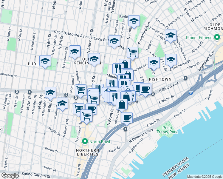 map of restaurants, bars, coffee shops, grocery stores, and more near 1257 North Howard Street in Philadelphia