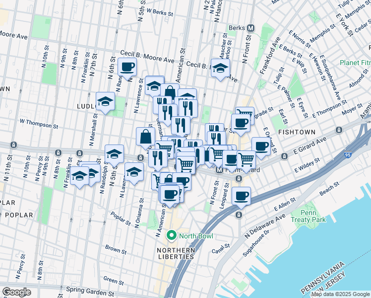 map of restaurants, bars, coffee shops, grocery stores, and more near 1220 North 2nd Street in Philadelphia
