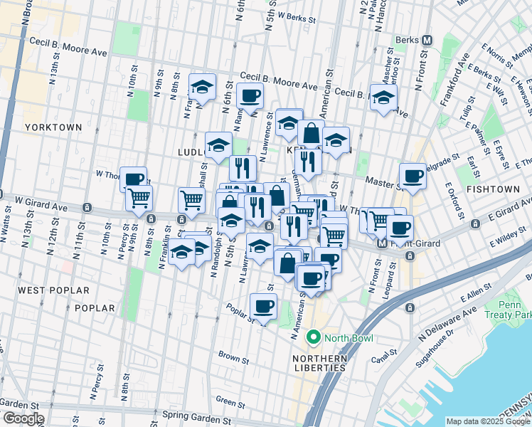 map of restaurants, bars, coffee shops, grocery stores, and more near 1220 North 4th Street in Philadelphia
