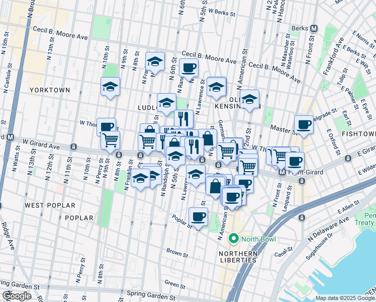 map of restaurants, bars, coffee shops, grocery stores, and more near 1200 North Orkney Street in Philadelphia