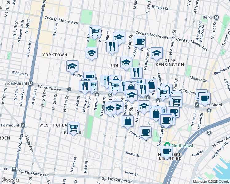 map of restaurants, bars, coffee shops, grocery stores, and more near in Philadelphia