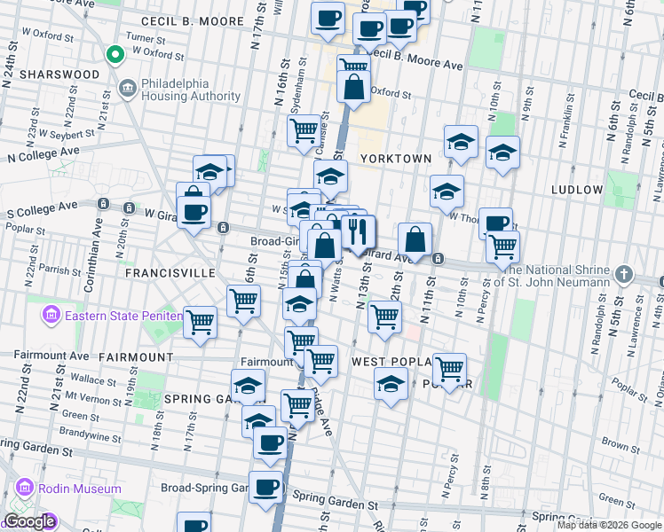 map of restaurants, bars, coffee shops, grocery stores, and more near 1330 West Girard Avenue in Philadelphia