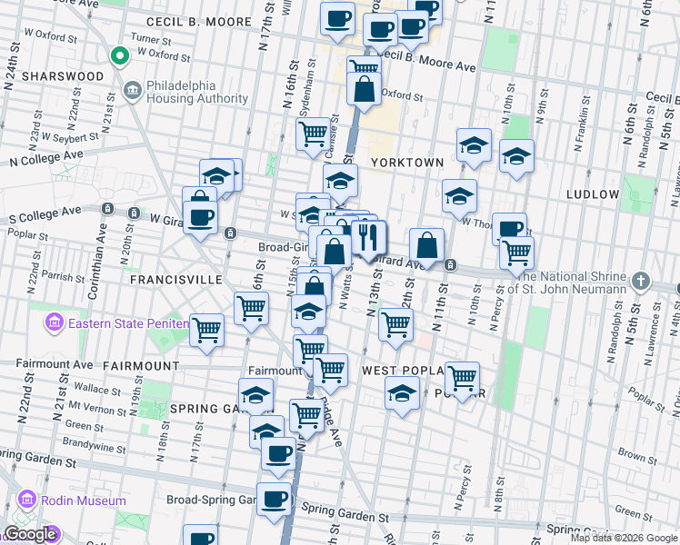 map of restaurants, bars, coffee shops, grocery stores, and more near 1330 West Girard Avenue in Philadelphia