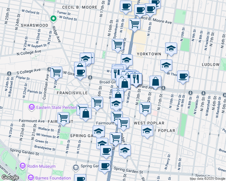 map of restaurants, bars, coffee shops, grocery stores, and more near in Philadelphia