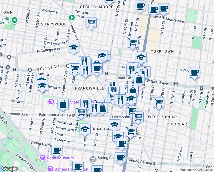 map of restaurants, bars, coffee shops, grocery stores, and more near 1700 Ridge Avenue in Philadelphia