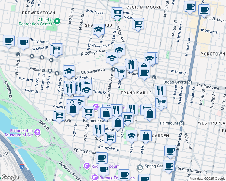 map of restaurants, bars, coffee shops, grocery stores, and more near 848 North 20th Street in Philadelphia
