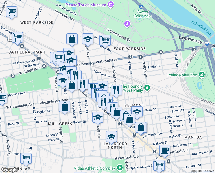 map of restaurants, bars, coffee shops, grocery stores, and more near 4243 Pennsgrove Street in Philadelphia