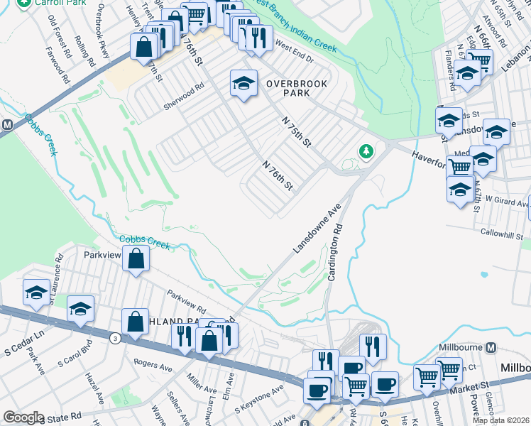 map of restaurants, bars, coffee shops, grocery stores, and more near 1300 Farrington Road in Philadelphia