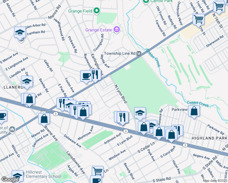 map of restaurants, bars, coffee shops, grocery stores, and more near 263 North Linden Avenue in Delaware County
