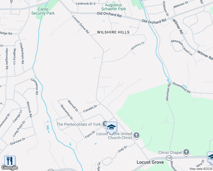 map of restaurants, bars, coffee shops, grocery stores, and more near 135 Fieldstone Court in York